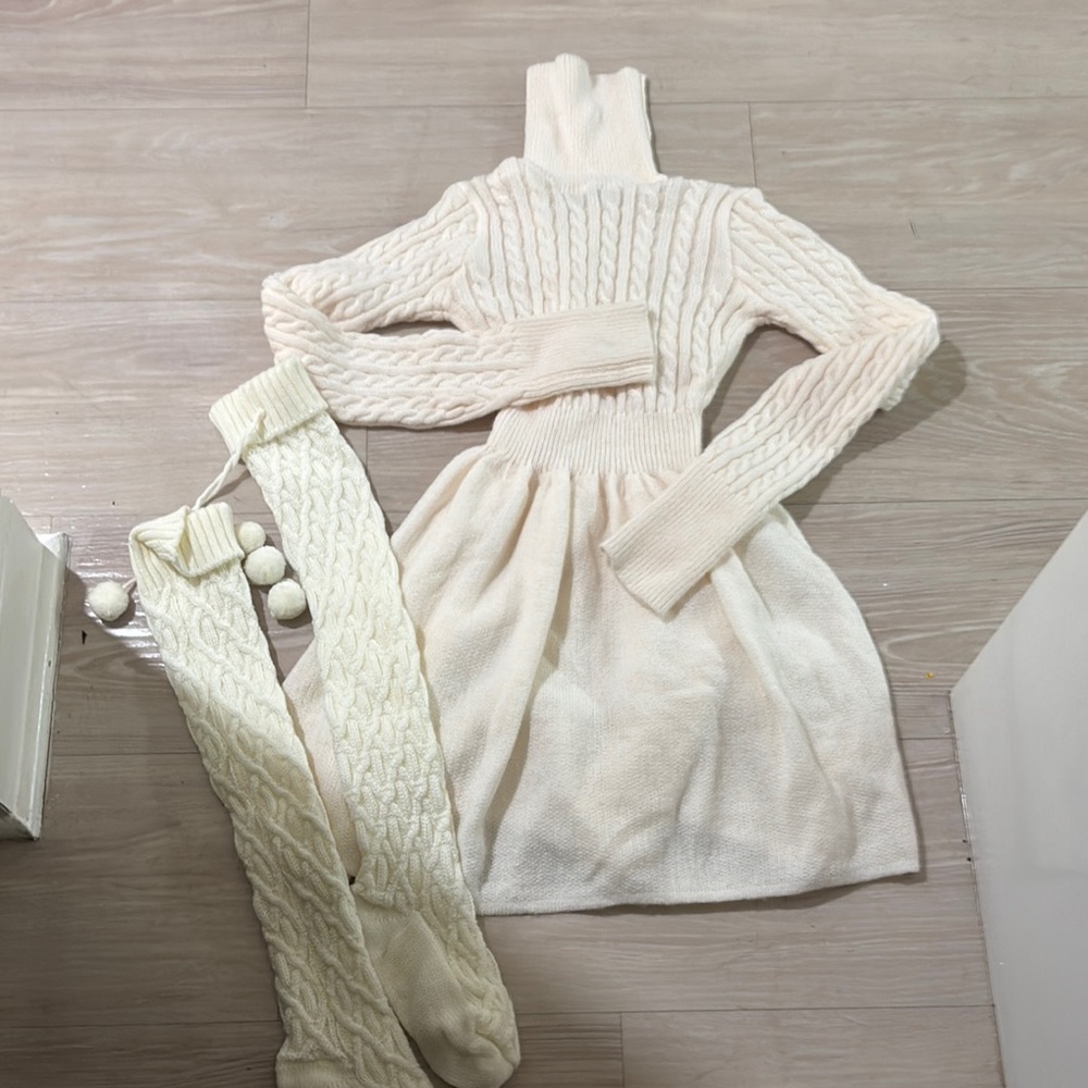 Christmas outfit-Cream Cable Knit Turtleneck Sweater Dress with socks